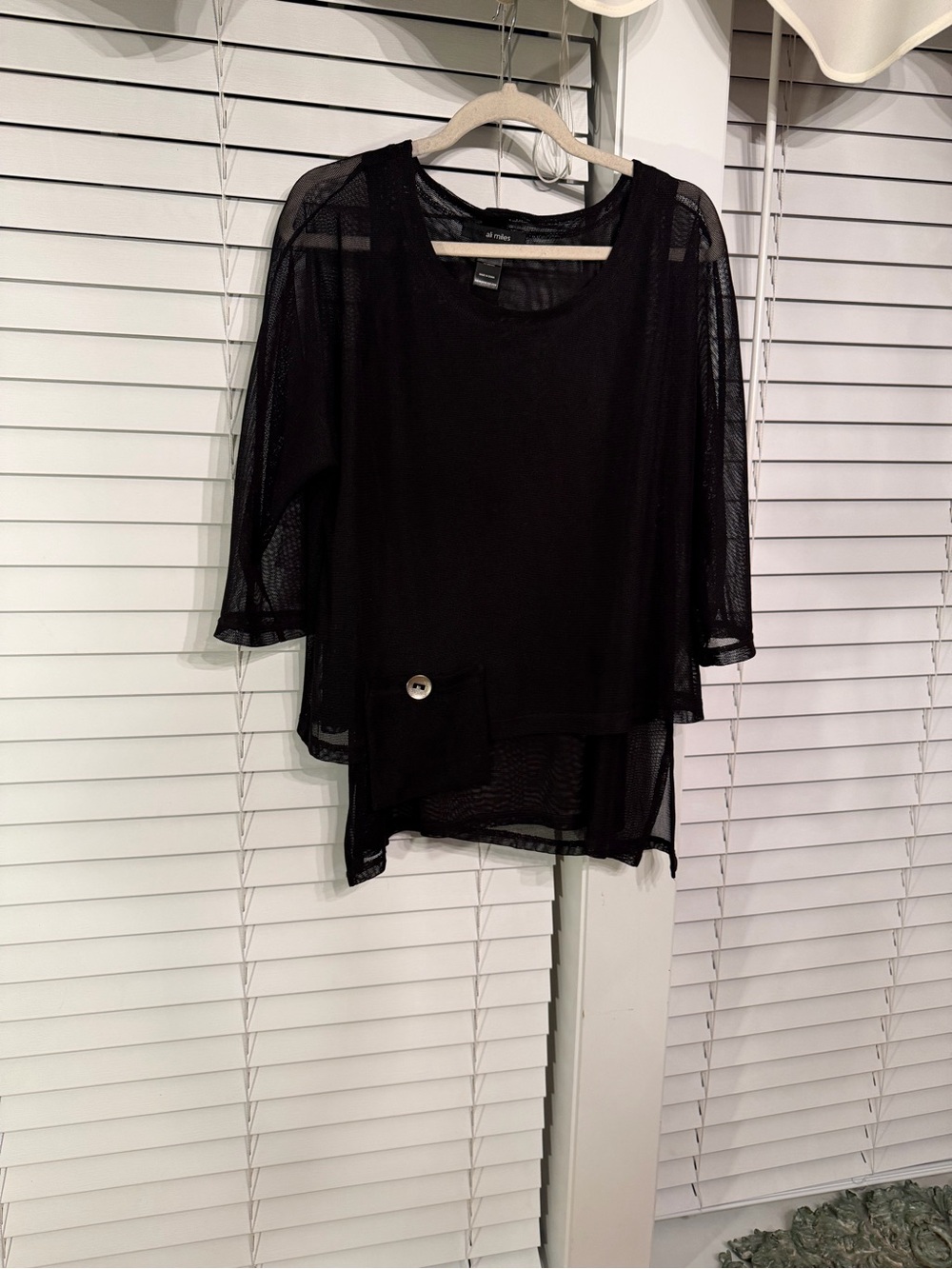 Ali Miles Black Sheer Asymmetrical Layered Tunic with Button Accent Down Back